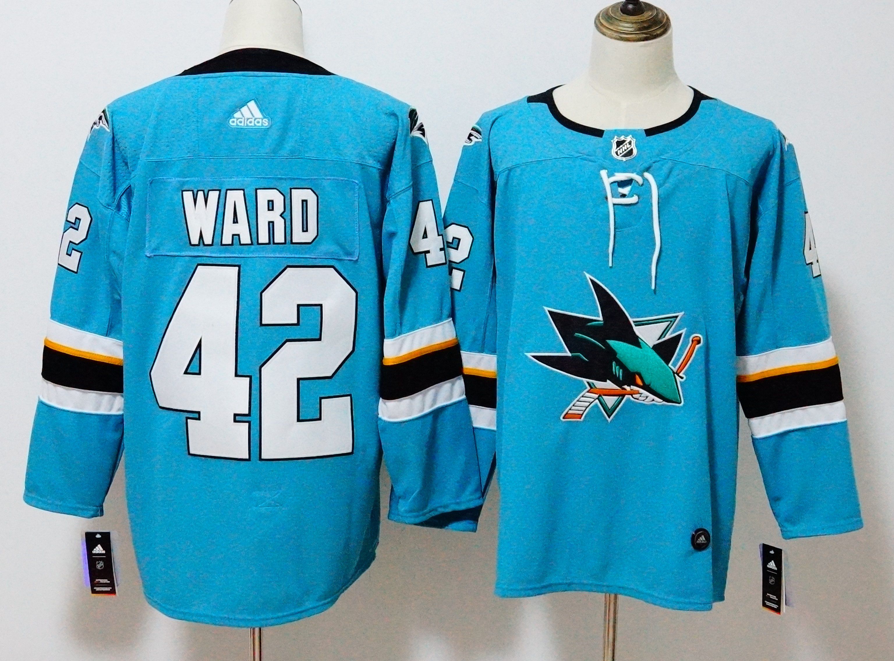 Men San Jose Sharks 42 Ward Blue Hockey Stitched Adidas NHL Jerseys